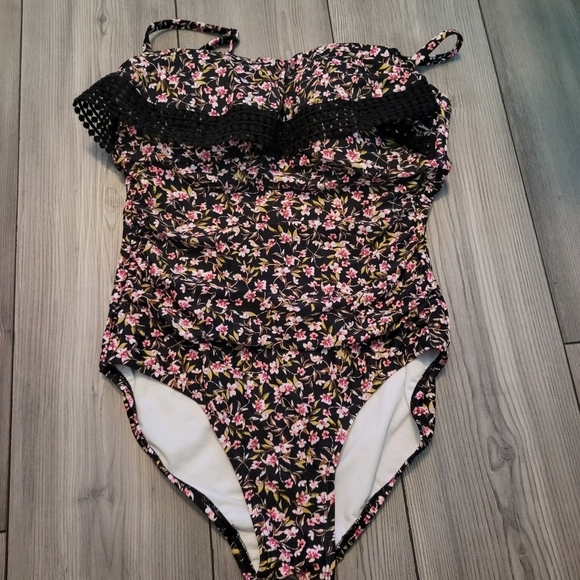 Kona Sol Crochet Flounce Bandeau Floral One Piece Swimsuit Size M with Straps - Picture 3 of 3